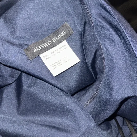 NEW ALFRED SUNG D815 DRAPED ONE-SHOULDER SATIN MAXI DRESS POCKETS NAVY sz 14 - Picture 4 of 6